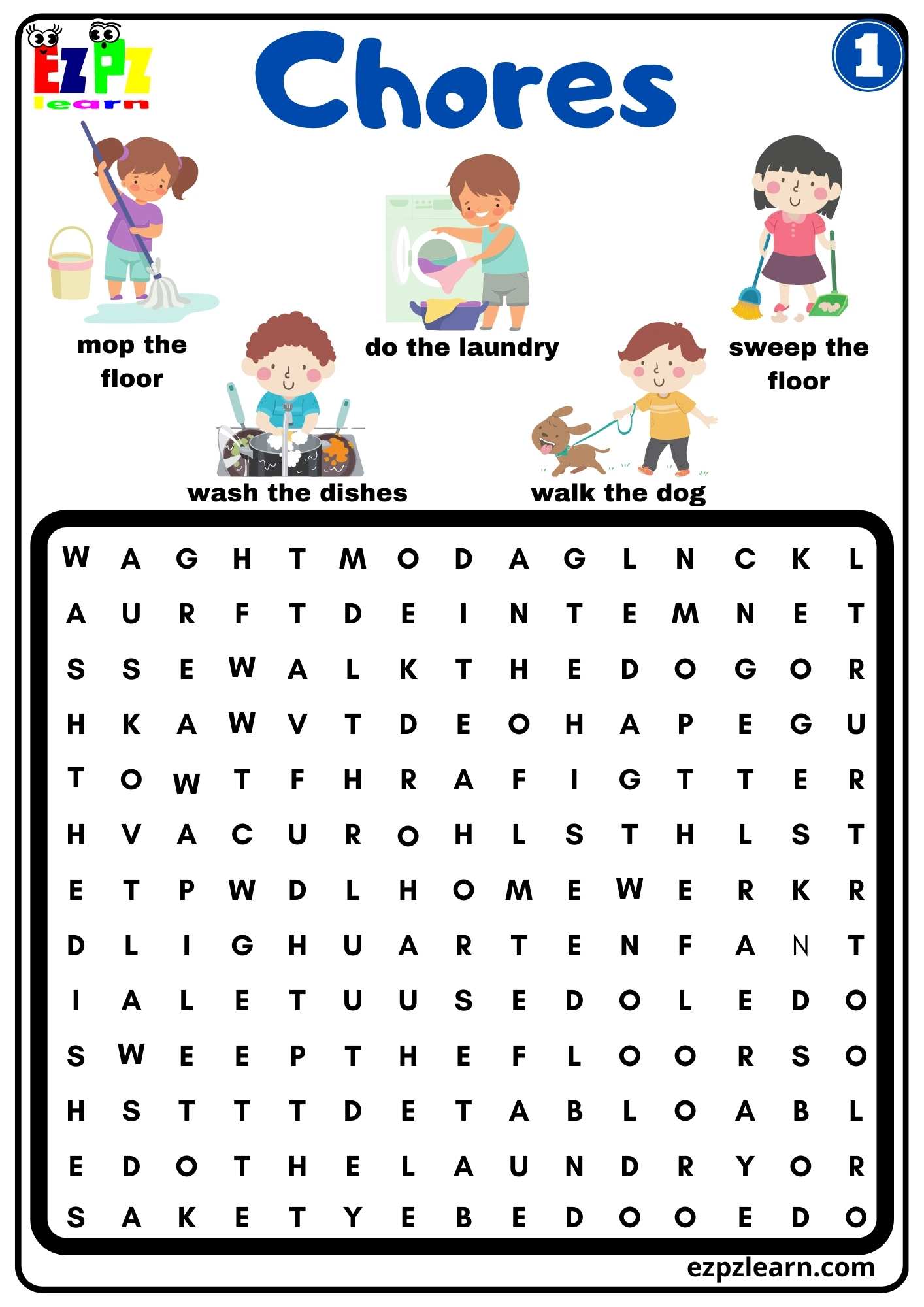 Household Chores Vocabulary Word Search For Kids Group 1 Download Free